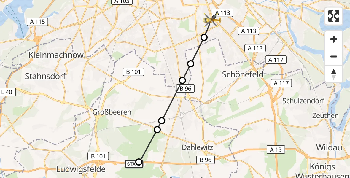 Flugroute Rettungshubschrauber Ludwigsfelde - Berlin, 22 Mai 2026, 12:19