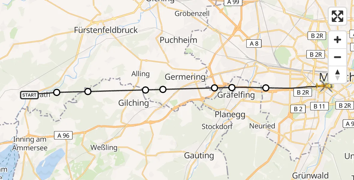 Flugroute Rettungshubschrauber Grafrath - München, 22 Mai 2026, 12:20