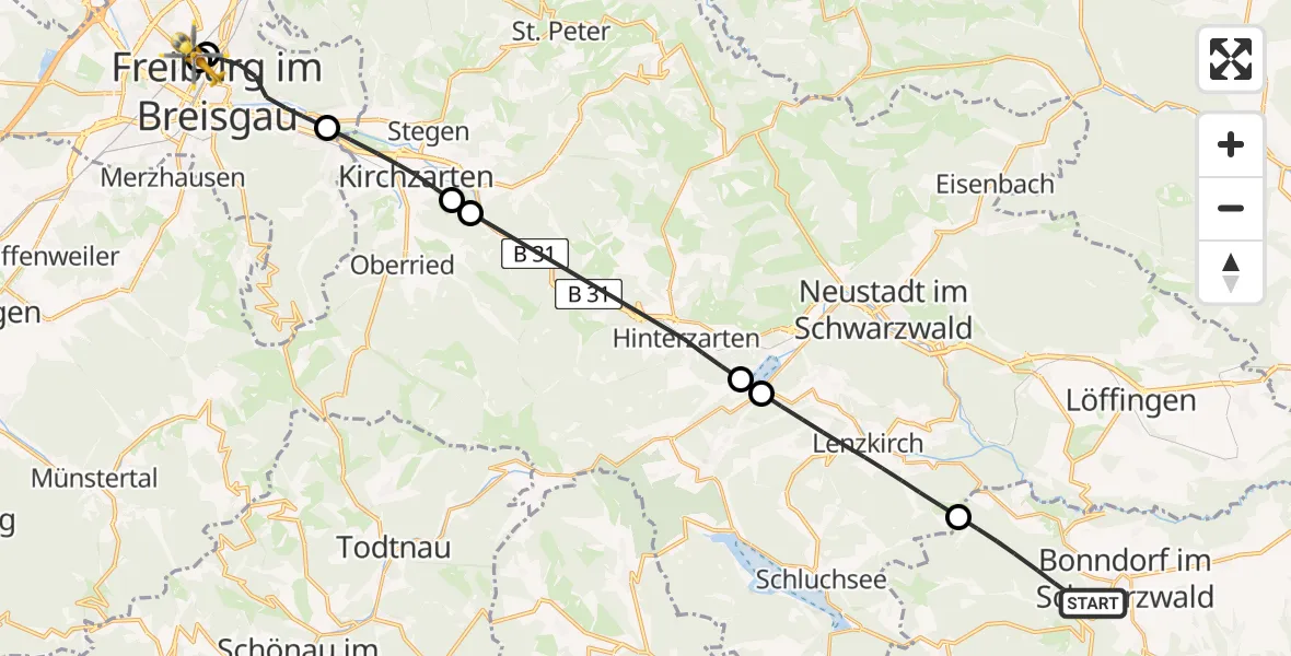 Flugroute Ambulanzhubschrauber Bonndorf im Schwarzwald - Freiburg University Hospital Heliport 1, 22 Mai 2026, 12:23