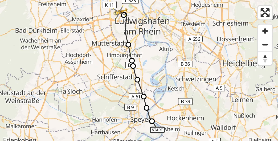 Flugroute Rettungshubschrauber Speyer - Ludwigshafen am Rhein, 22 Mai 2026, 12:27