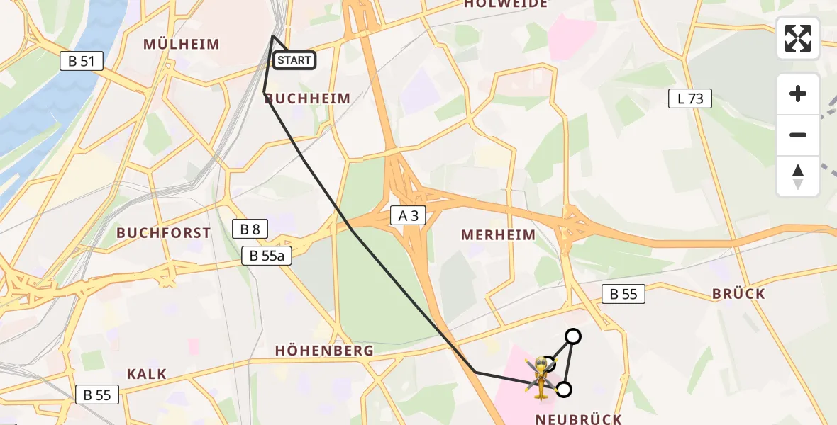 Flugroute Rettungshubschrauber Köln - Merheim Hospital, 22 Mai 2026, 12:29
