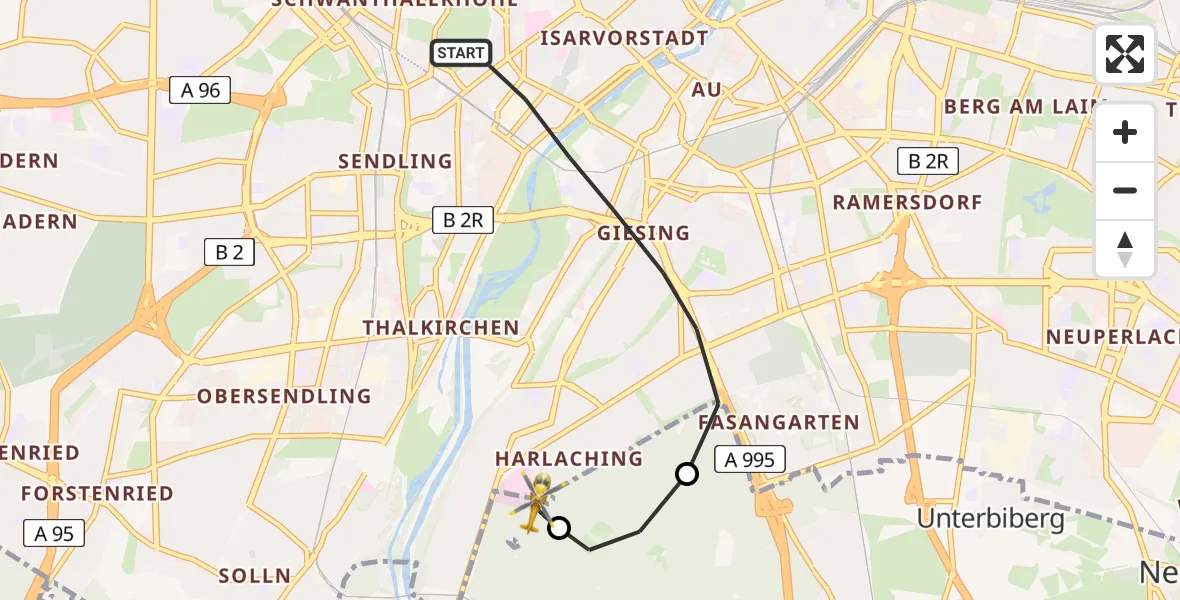 Flugroute Rettungshubschrauber München - ADAC Air Rescue Center Hubschrauberlandeplatz (Christoph 1), 22 Mai 2026, 12:36