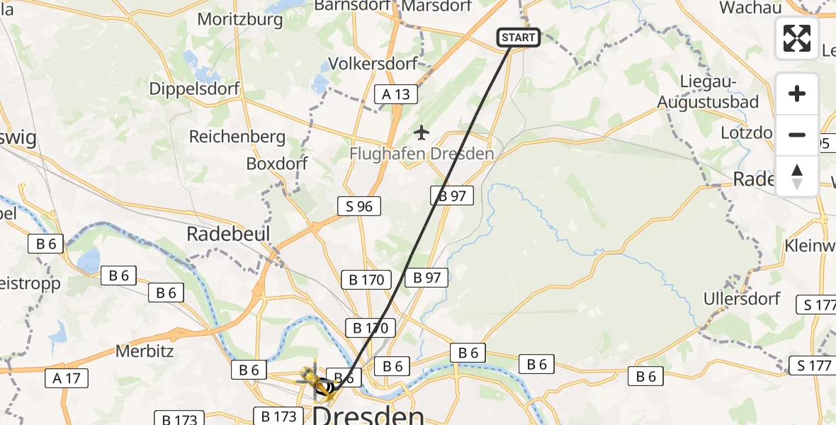 Flugroute Rettungshubschrauber Dresden - Dresden Friedrichstadt Hospital, 22 Mai 2026, 12:47