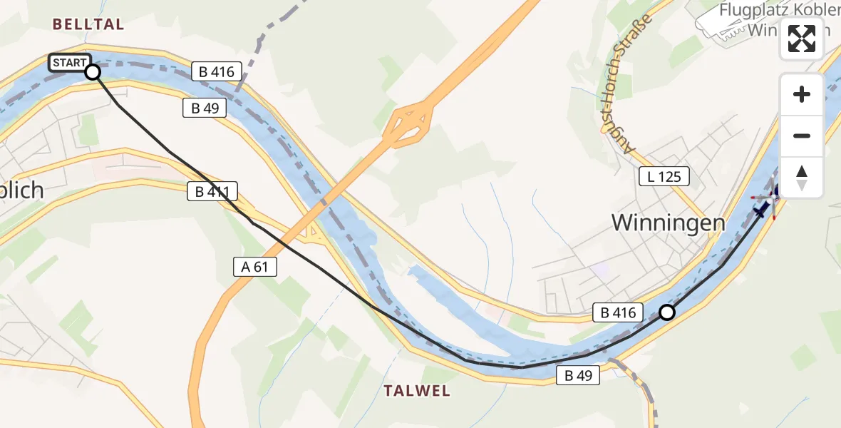 Flugroute Polizeihubschrauber Kobern-Gondorf - Koblenz, 22 Mai 2026, 12:51