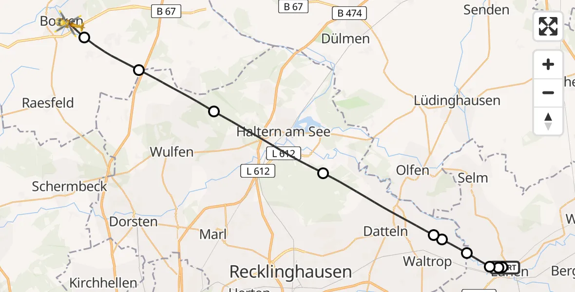 Flugroute Rettungshubschrauber Sankt Marien Hospital - Borken, 22 Mai 2026, 12:55