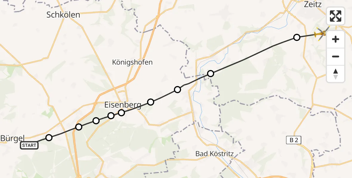 Flugroute Rettungshubschrauber Bürgel - Gutenborn, 22 Mai 2026, 12:58