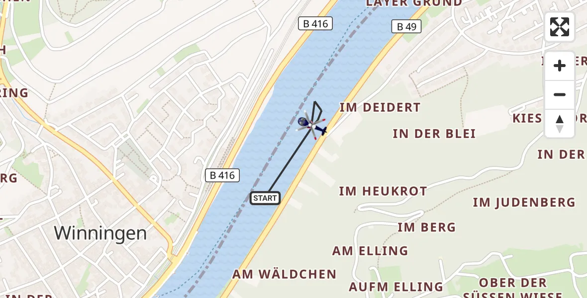 Flugroute Polizeihubschrauber Koblenz - Koblenz, 22 Mai 2026, 13:00