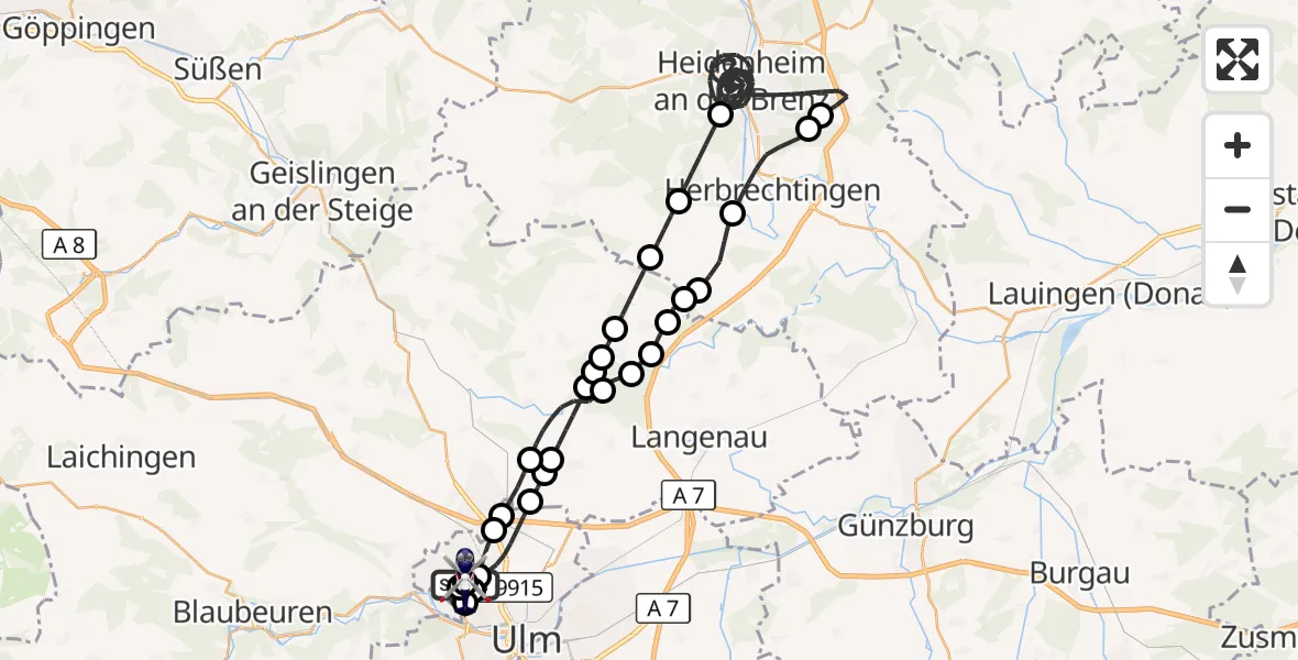 Flugroute Polizeihubschrauber Ulm Military Hospital Emergency - Ulm Military Hospital Emergency, 22 Mai 2026, 13:03