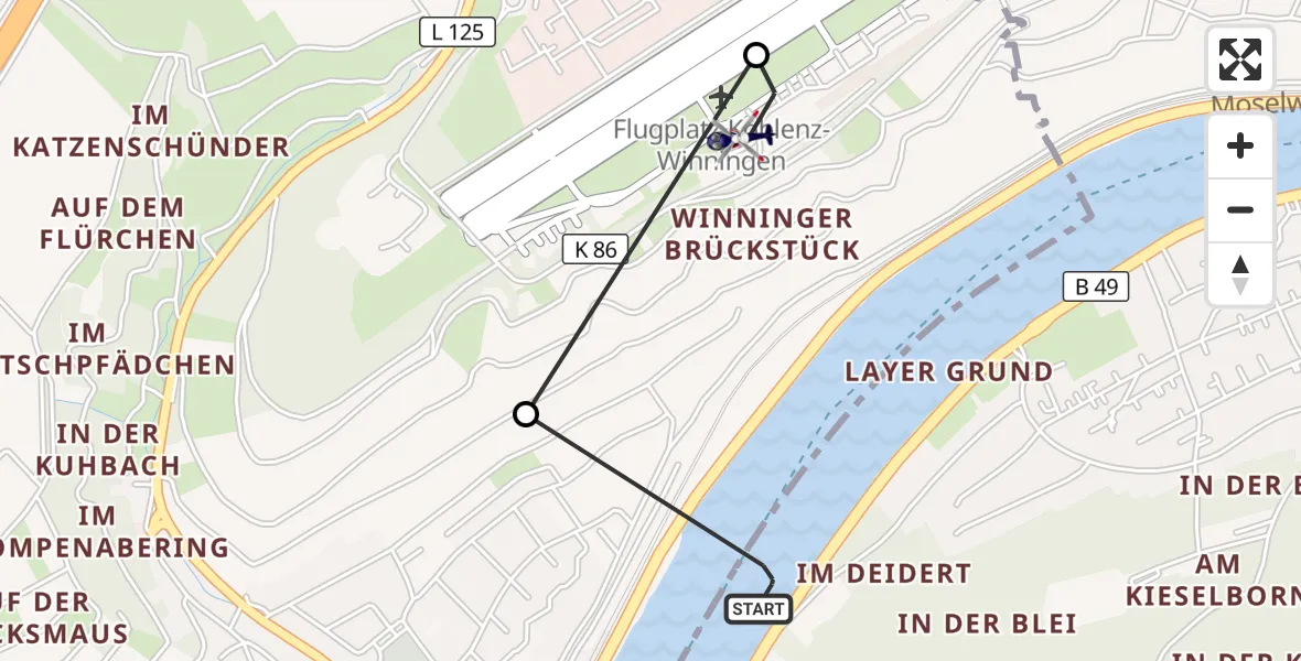 Flugroute Polizeihubschrauber Koblenz - Koblenz-Winningen Flugplatz, 22 Mai 2026, 13:04
