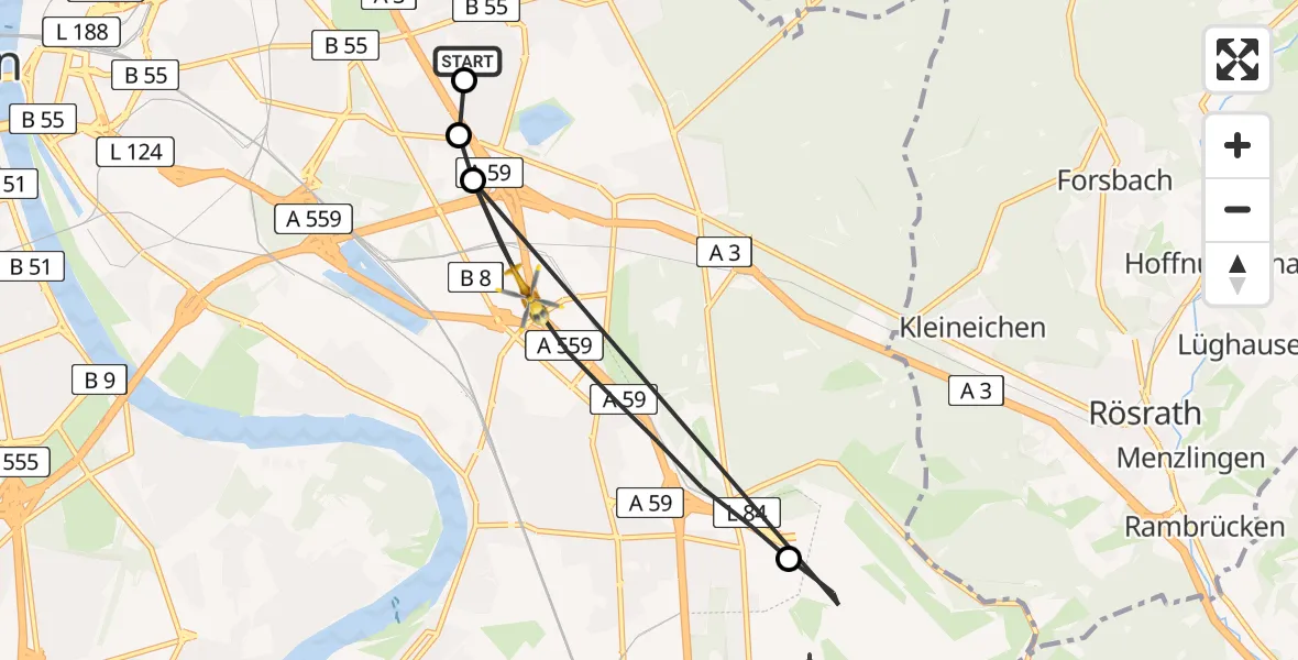 Flugroute Rettungshubschrauber Merheim Hospital - Köln, 22 Mai 2026, 13:06