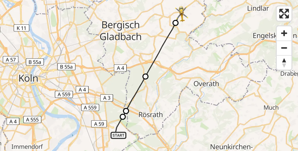 Flugroute Rettungshubschrauber Köln Bonn Flughafen - Kürten, 22 Mai 2026, 13:06