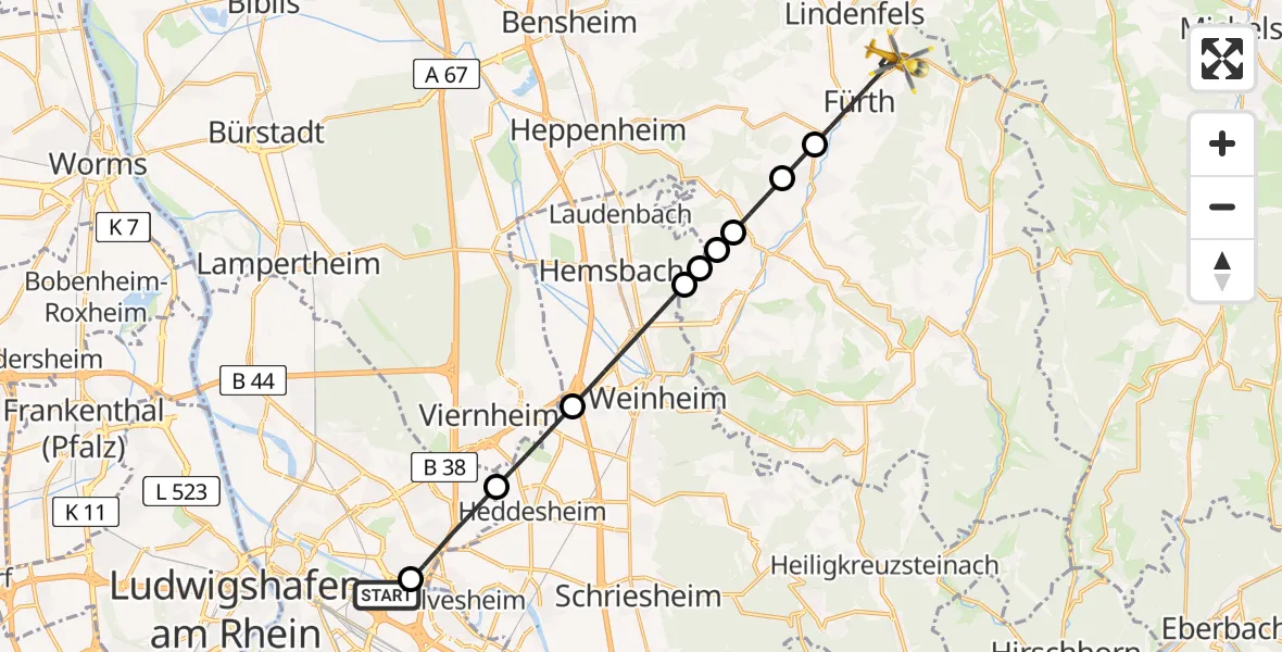 Flugroute Rettungshubschrauber Mannheim-City Flughafen - Fürth, 22 Mai 2026, 13:07