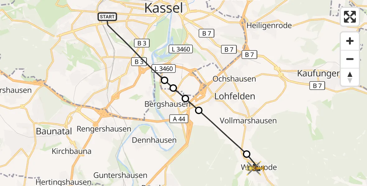 Flugroute Rettungshubschrauber Kassel - Söhrewald, 22 Mai 2026, 13:08