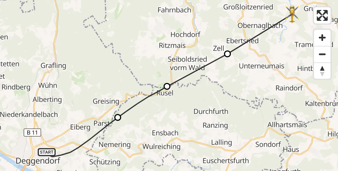 Flugroute Rettungshubschrauber Deggendorf - Rinchnach, 22 Mai 2026, 13:14