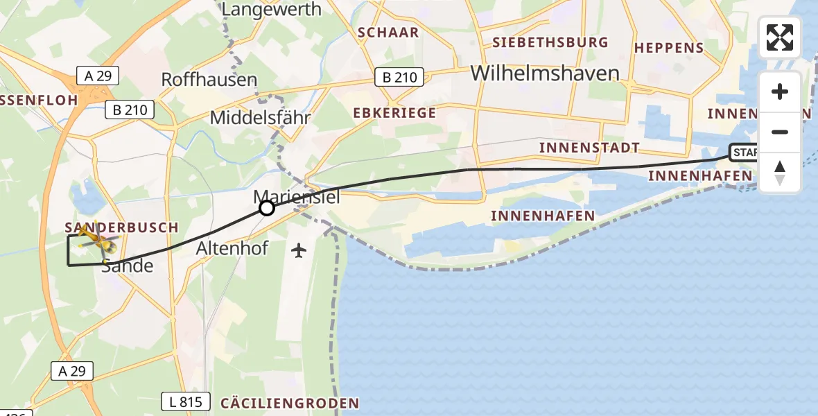 Flugroute Rettungshubschrauber Wilhelmshaven - Sande, 22 Mai 2026, 13:20