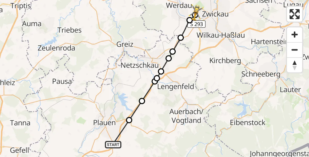Flugroute Rettungshubschrauber Plauen - ADAC Air Rescue Station Zwickau Hubschrauberlandeplatz, 22 Mai 2026, 13:29