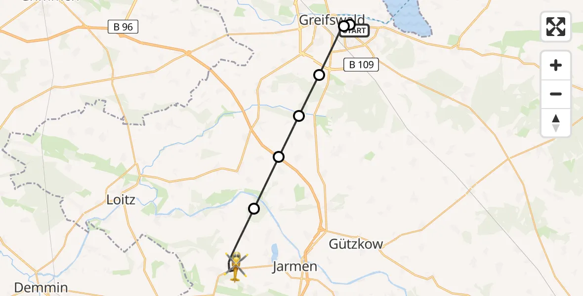 Flugroute Rettungshubschrauber Greifswald Hospital - Bentzin, 22 Mai 2026, 13:30