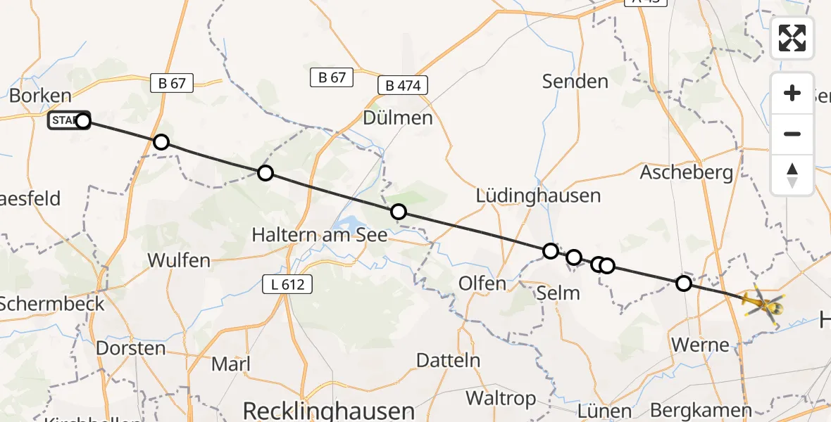 Flugroute Rettungshubschrauber Borken - Hamm, 22 Mai 2026, 13:38