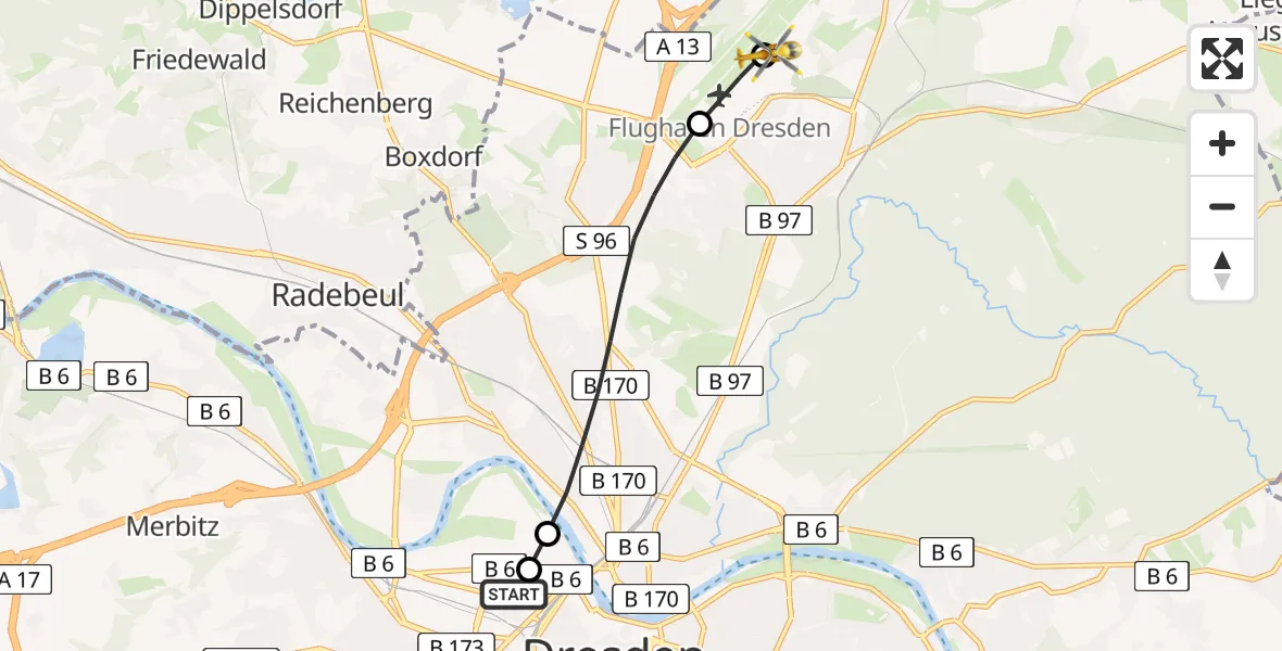 Flugroute Rettungshubschrauber Dresden Friedrichstadt Hospital - Dresden Bundespolizei Hubschrauberlandeplatz, 22 Mai 2026, 13:40