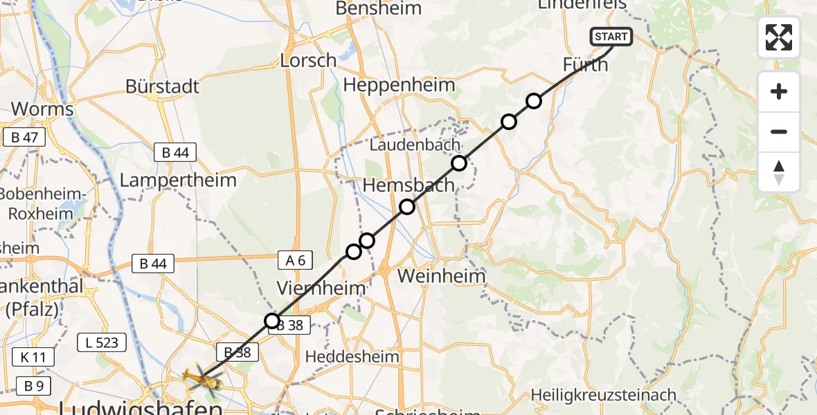 Flugroute Rettungshubschrauber Fürth - Mannheim, 22 Mai 2026, 13:42