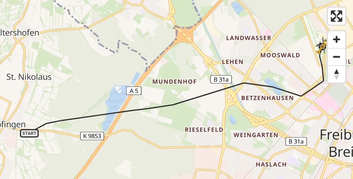 Flugroute Rettungshubschrauber Freiburg im Breisgau - Freiburg im Breisgau Flugplatz, 22 Mai 2026, 13:43