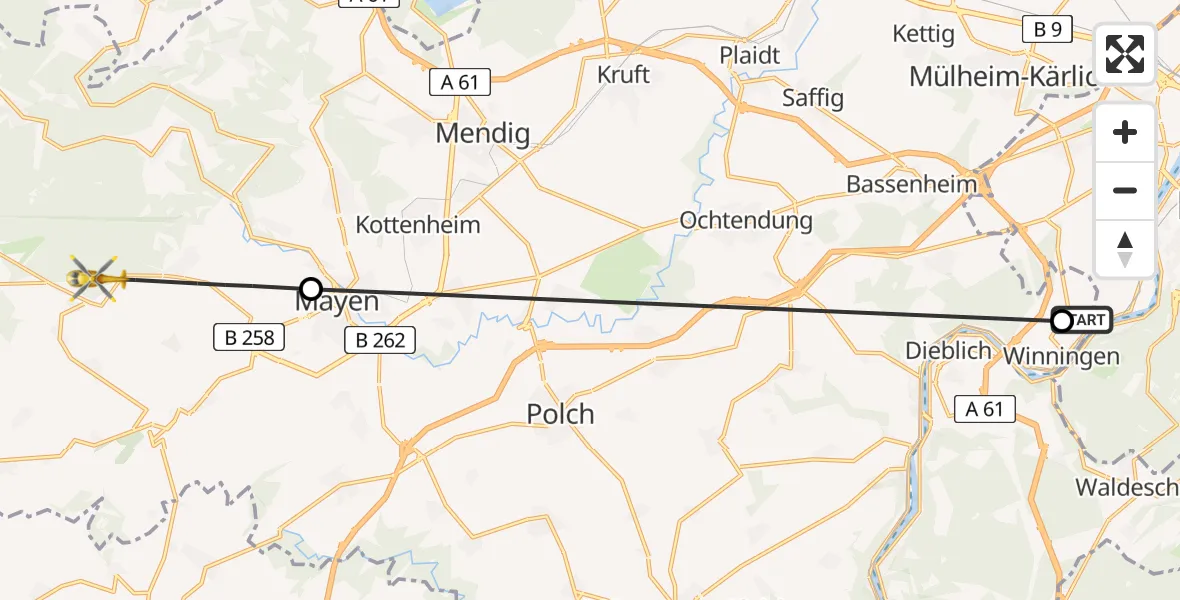 Flugroute Ambulanzhubschrauber Koblenz-Winningen Flugplatz - Mayen, 22 Mai 2026, 13:43