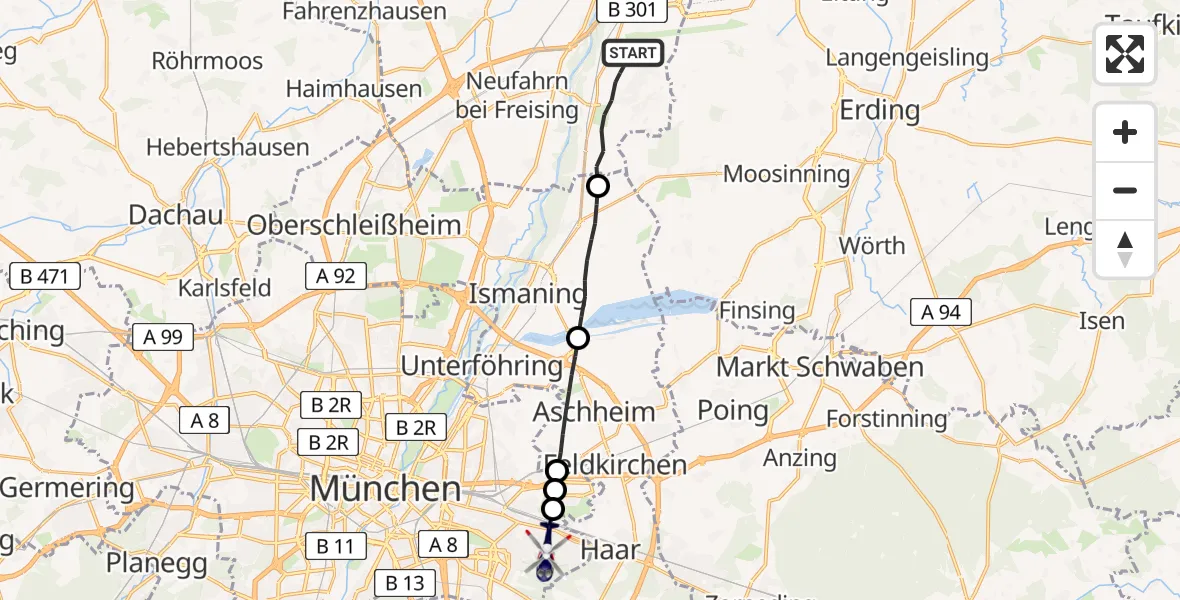 Flugroute Polizeihubschrauber Hallbergmoos - München, 22 Mai 2026, 13:46