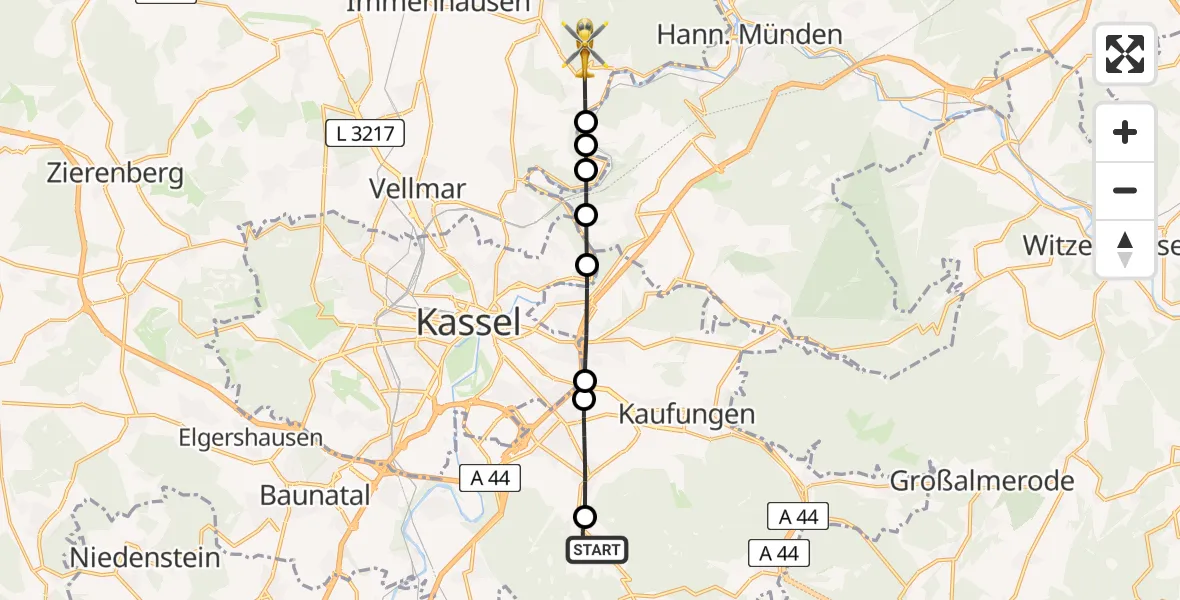 Flugroute Rettungshubschrauber Söhrewald - Fuldatal, 22 Mai 2026, 13:46