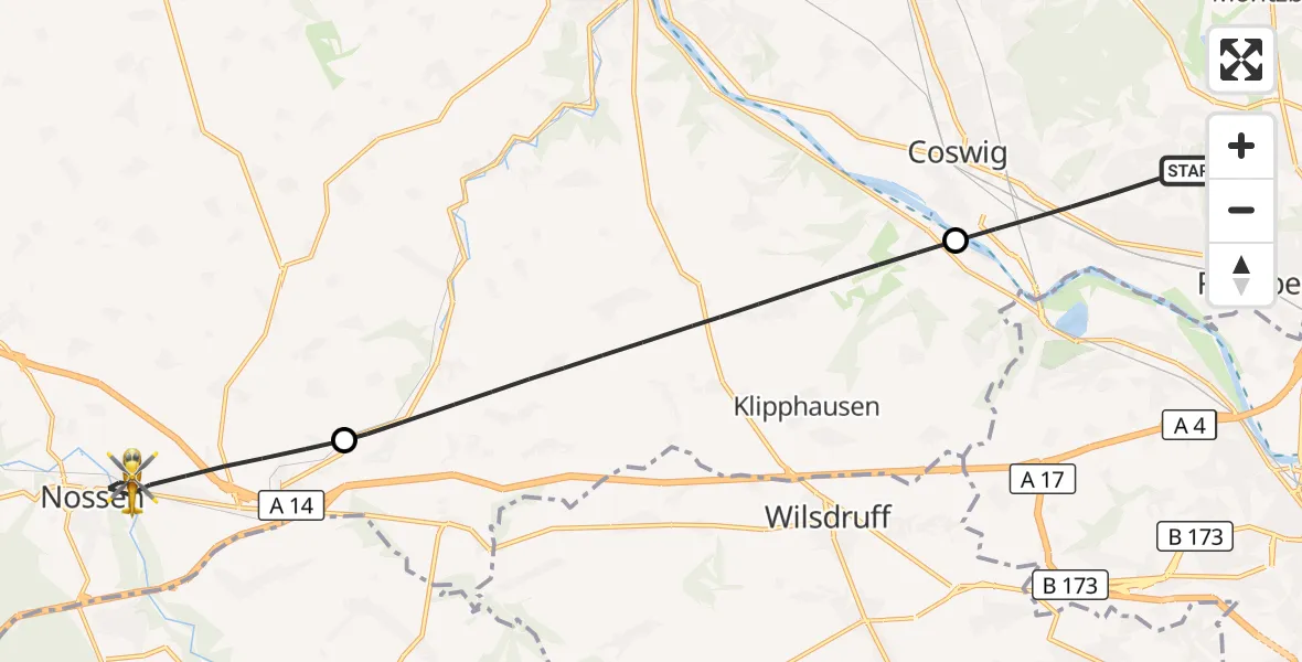 Flugroute Rettungshubschrauber Radebeul - Nossen, 22 Mai 2026, 14:00