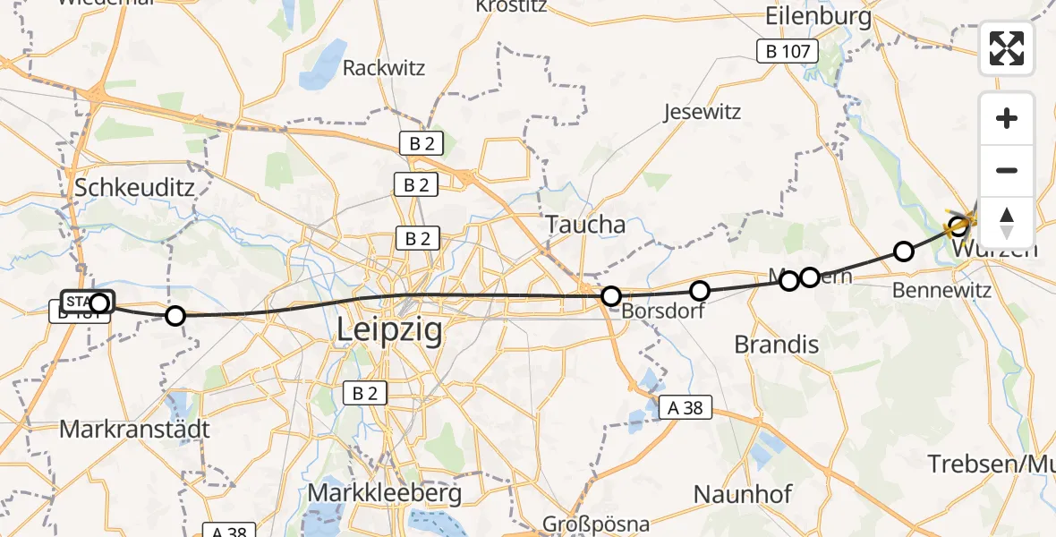 Flugroute Rettungshubschrauber ADAC Air Rescue Station Leipzig/Schkeuditz-Dölzig Hubschrauberlandeplatz (Christoph 61) - Wurzen, 22 Mai 2026, 14:00
