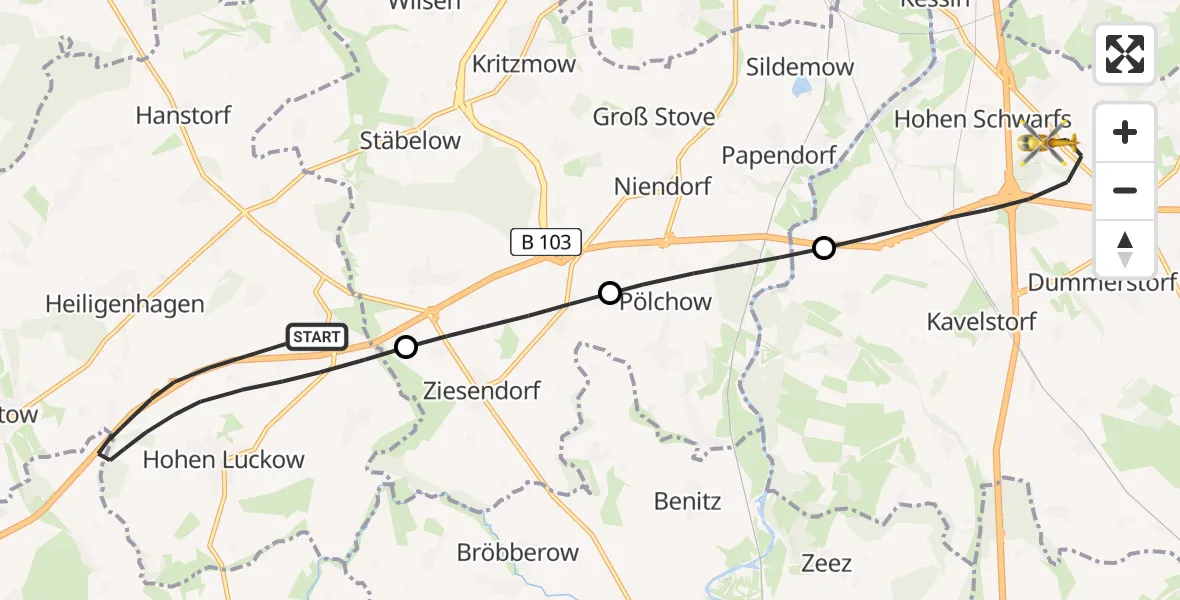 Flugroute Ambulanzhubschrauber Satow - Dummerstorf, 22 Mai 2026, 14:00