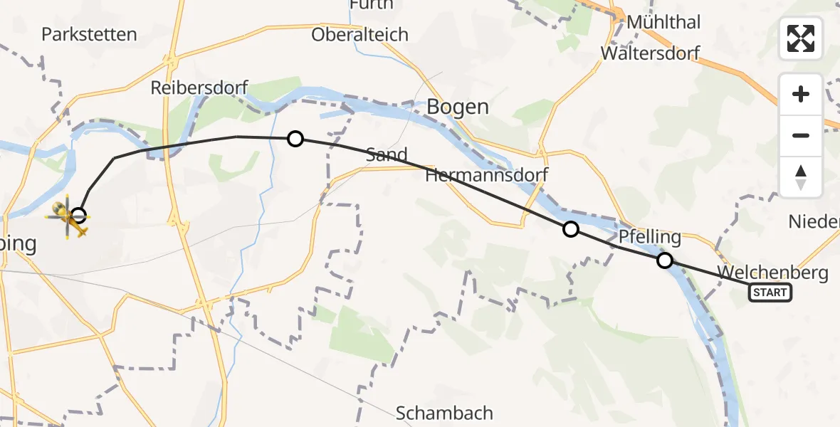 Flugroute Rettungshubschrauber Niederwinkling - Sankt Elisabeth Hospital Straubing, 22 Mai 2026, 13:59