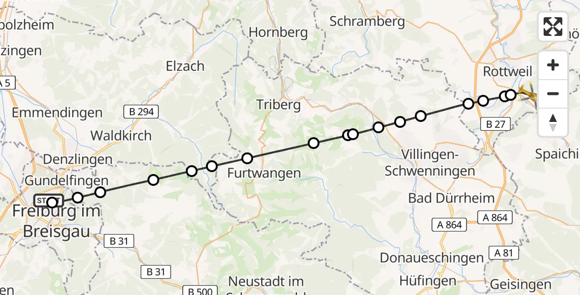 Flugroute Rettungshubschrauber Freiburg im Breisgau Flugplatz - Rottweil, 22 Mai 2026, 14:00