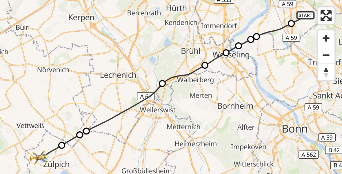 Flugroute Rettungshubschrauber Köln Bonn Flughafen - Zülpich, 22 Mai 2026, 14:01