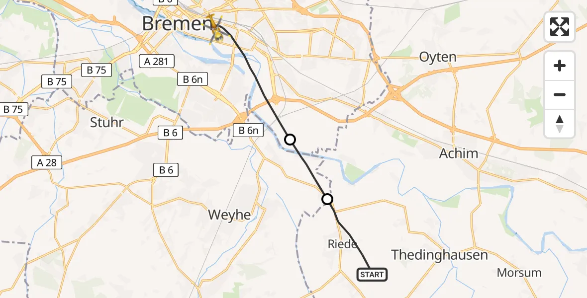 Flugroute Rettungshubschrauber Riede - Bremen, 22 Mai 2026, 14:02