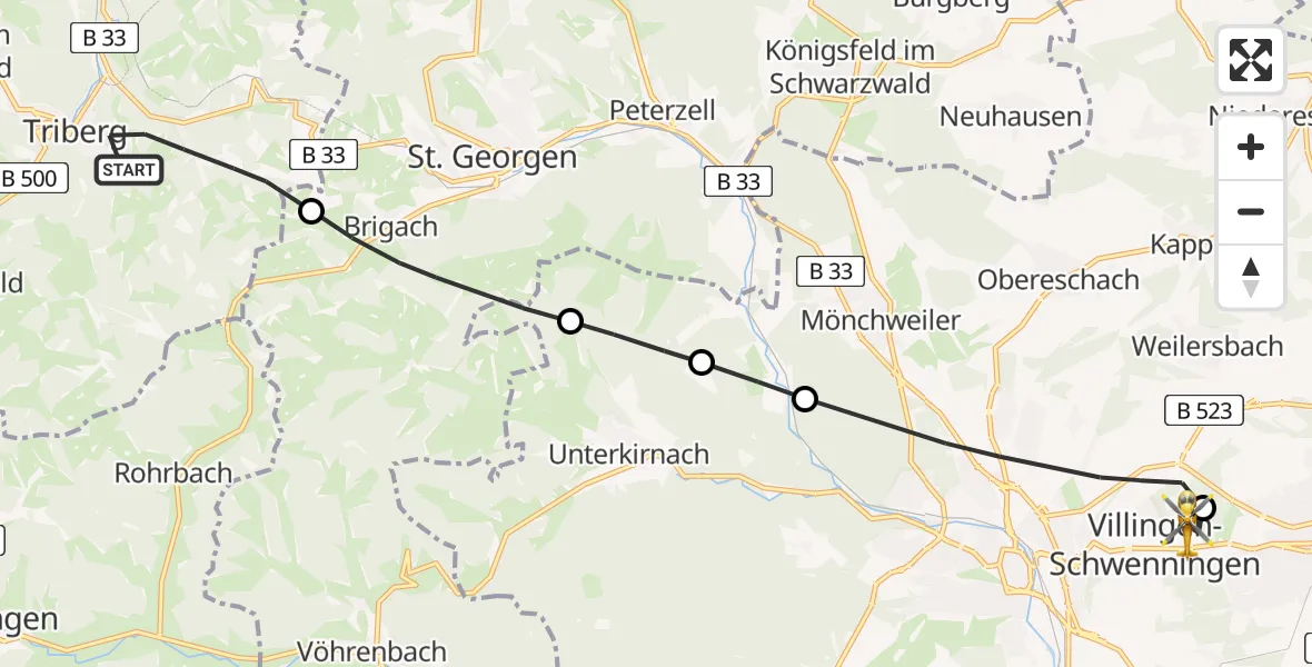 Flugroute Ambulanzhubschrauber Triberg im Schwarzwald - DRF Air Rescue Station Villingen-Schwenningen Hubschrauberlandeplatz (Christoph 11), 22 Mai 2026, 14:11