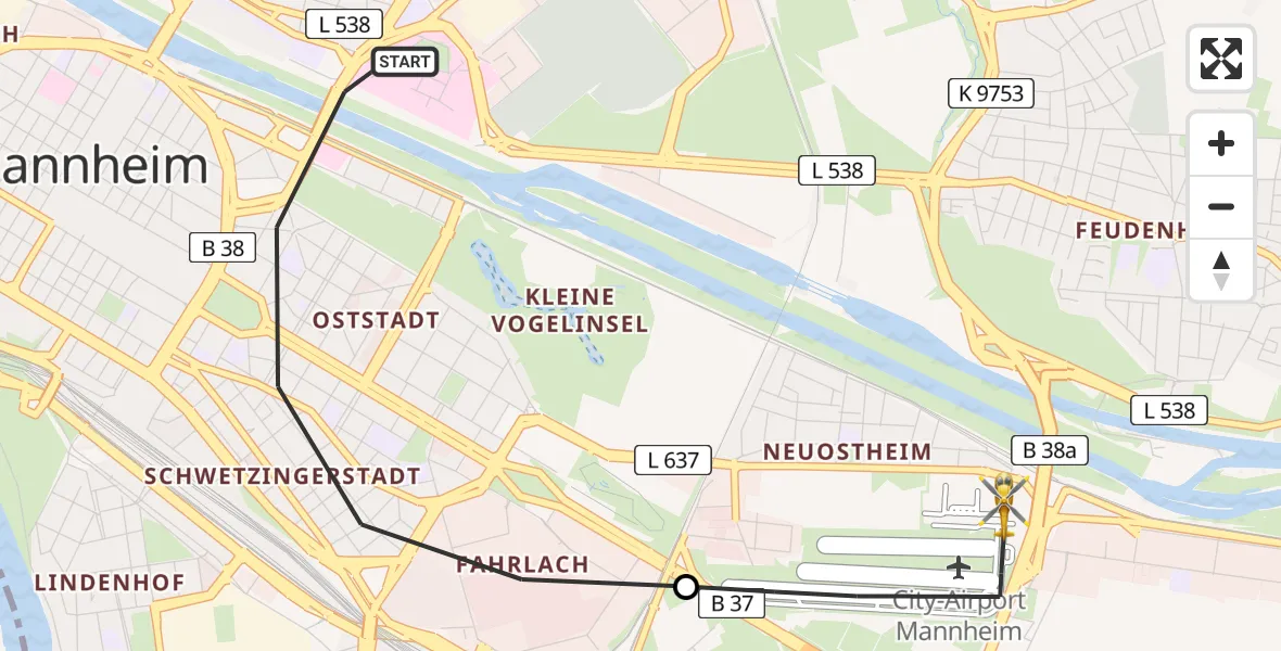 Flugroute Rettungshubschrauber Mannheim - Mannheim-City Flughafen, 22 Mai 2026, 14:16