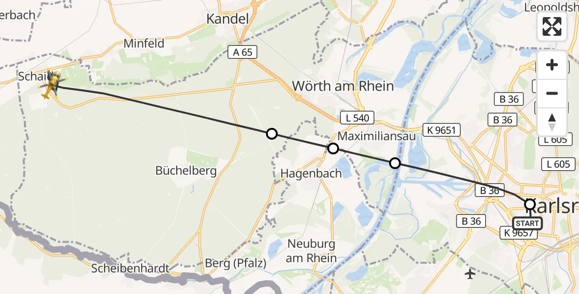 Flugroute Rettungshubschrauber Sankt Vincentius Hospital - Wörth am Rhein, 22 Mai 2026, 14:16