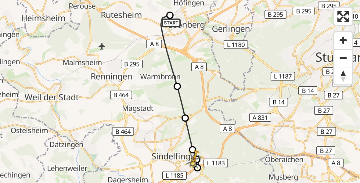Flugroute Rettungshubschrauber Leonberg Hospital - Sindelfingen, 22 Mai 2026, 14:23