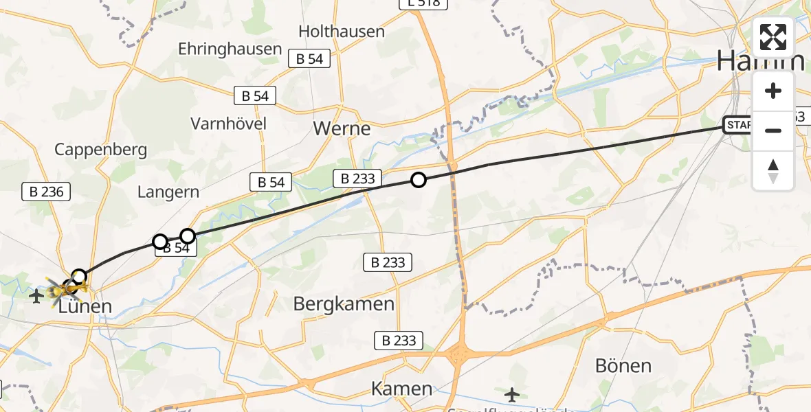 Flugroute Rettungshubschrauber Hamm - Sankt Marien Hospital, 22 Mai 2026, 14:35