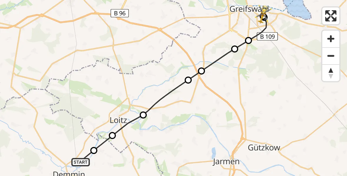 Flugroute Rettungshubschrauber Demmin - Greifswald Hospital, 22 Mai 2026, 14:41