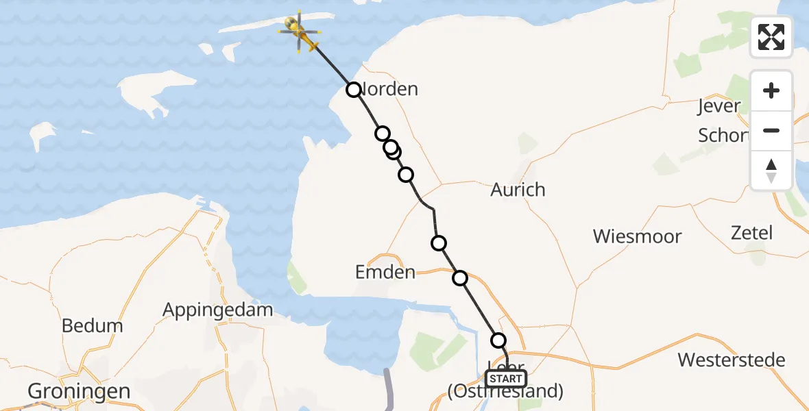 Flugroute Ambulanzhubschrauber Leer (Ostfriesland) - Noordzee, 22 Mai 2026, 14:42