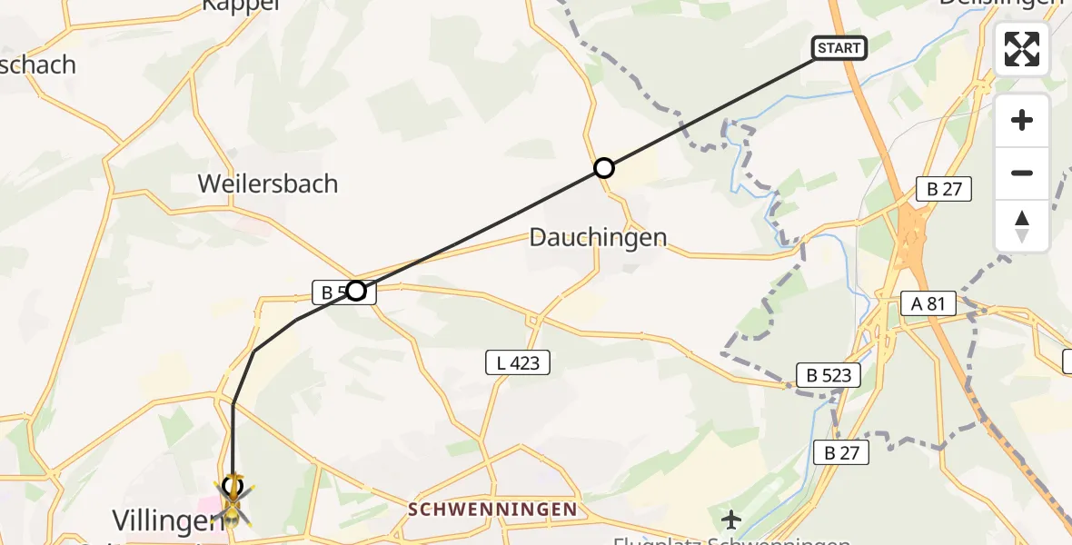 Flugroute Rettungshubschrauber Deißlingen - DRF Air Rescue Station Villingen-Schwenningen Hubschrauberlandeplatz (Christoph 11), 22 Mai 2026, 14:44