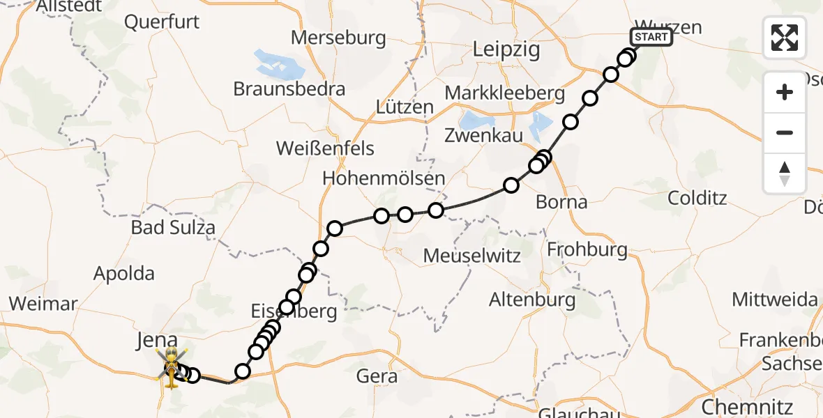 Flugroute Rettungshubschrauber Bennewitz - Jena University Hospital, 22 Mai 2026, 14:47