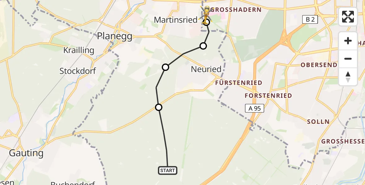 Flugroute Rettungshubschrauber Forstenrieder Park - DRF Air Rescue München Hubschrauberlandeplatz, 22 Mai 2026, 14:48
