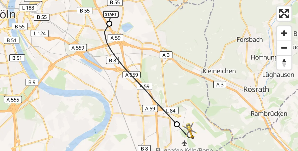Flugroute Rettungshubschrauber Merheim Hospital - Köln Bonn Flughafen, 22 Mai 2026, 14:48
