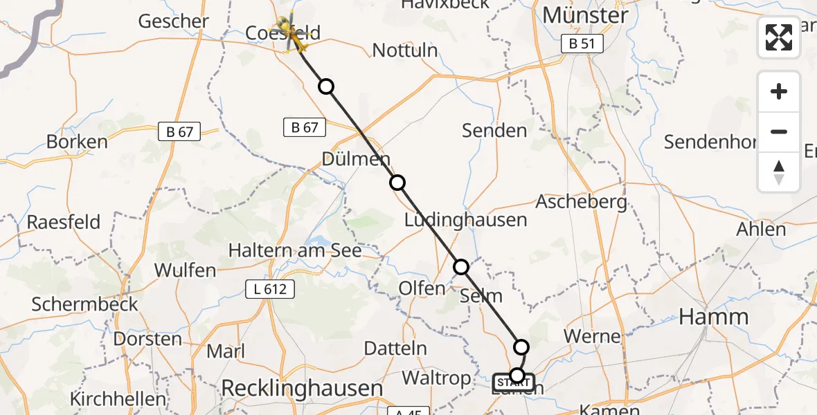 Flugroute Rettungshubschrauber Sankt Marien Hospital - Coesfeld, 22 Mai 2026, 14:52