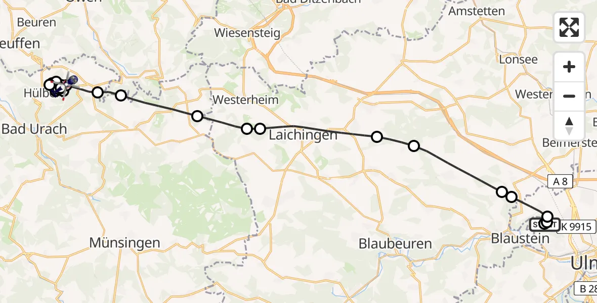 Flugroute Polizeihubschrauber Ulm Military Hospital Emergency - Grabenstetten, 22 Mai 2026, 14:55