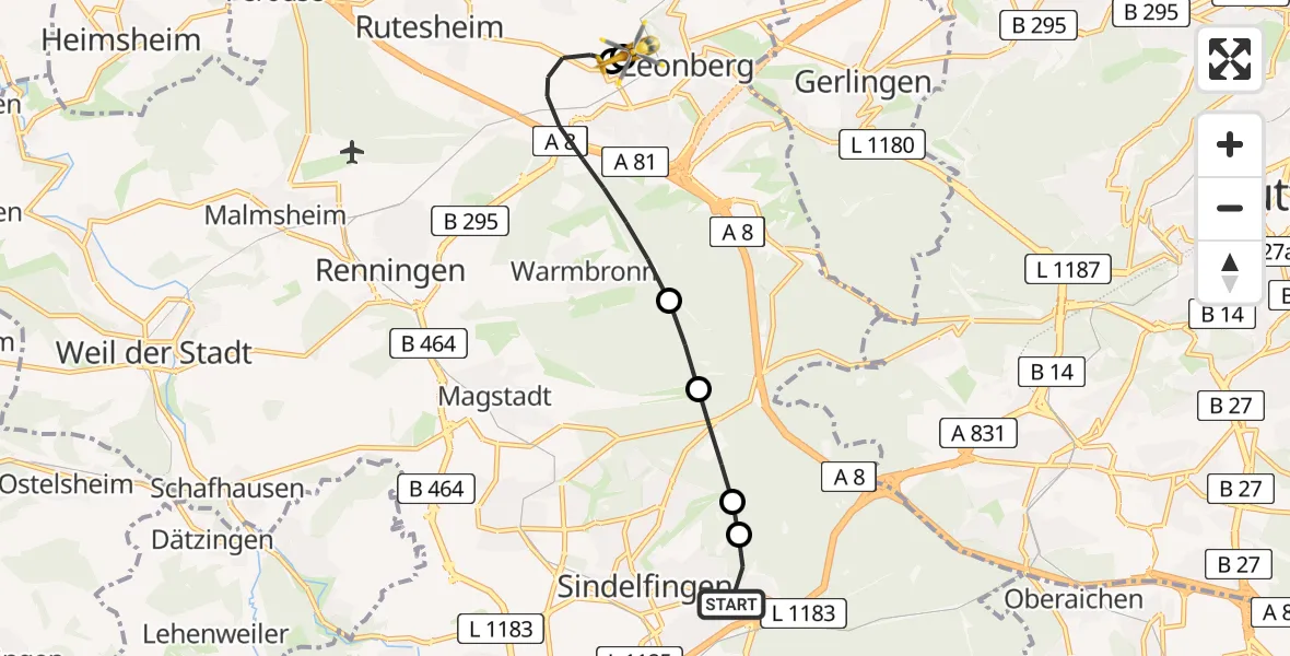 Flugroute Rettungshubschrauber Sindelfingen - Leonberg Hospital, 22 Mai 2026, 14:56