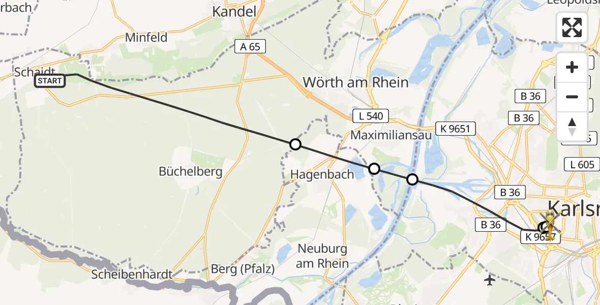 Flugroute Rettungshubschrauber Wörth am Rhein - Sankt Vincentius Hospital, 22 Mai 2026, 14:56